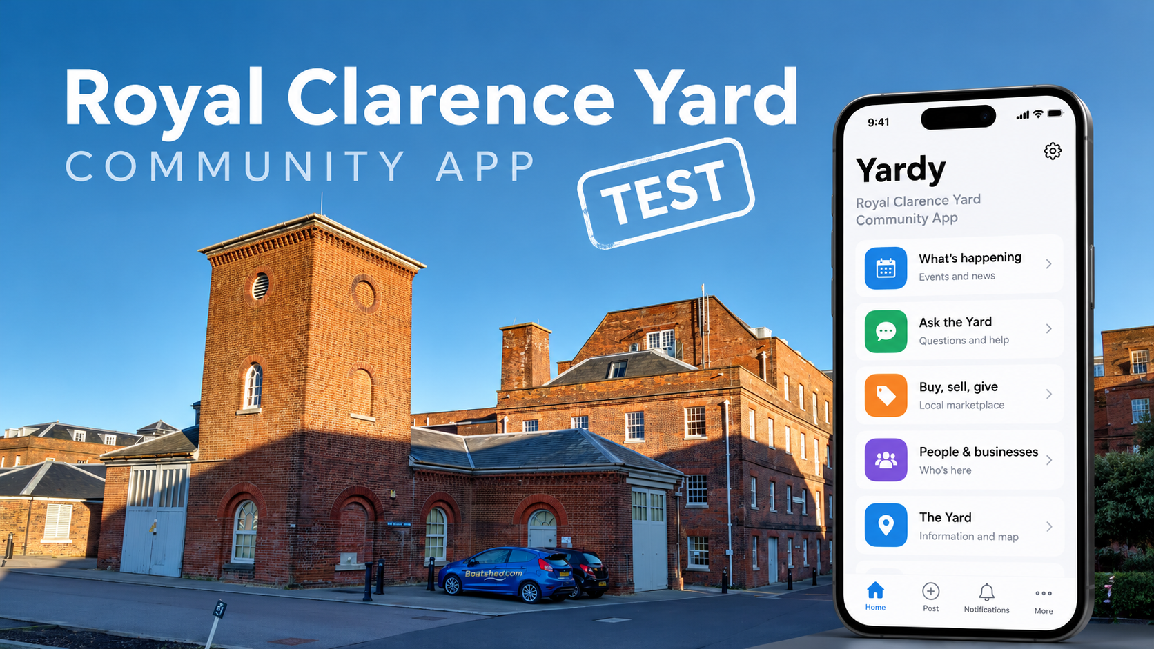 Red brick buildings at Royal Clarence Yard under a blue sky